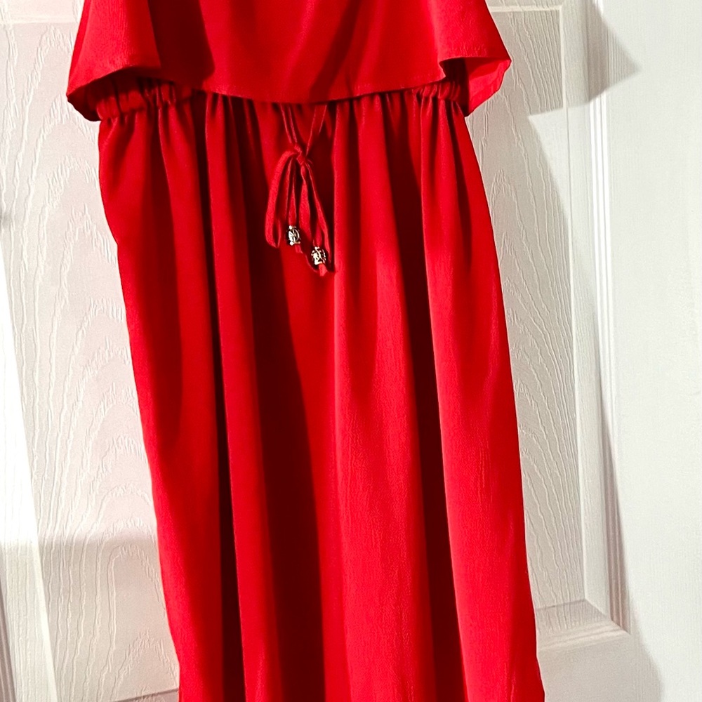 Vibrant Red Strapless Dress with Drawstring